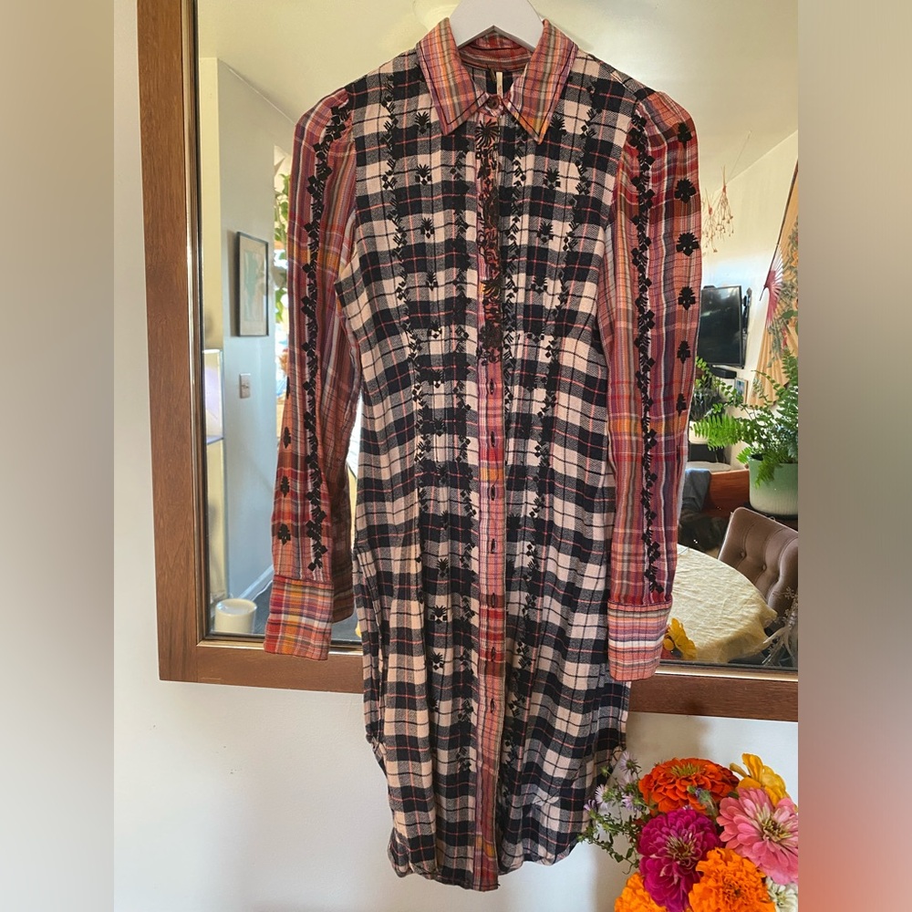 Freepeople button down embroidered flannel duster